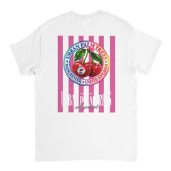 White t-shirt back with retro pink striped cherry graphic and Urban Palm Trees Manchester badge.