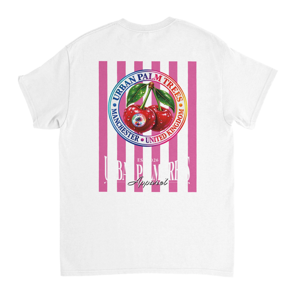White t-shirt back with retro pink striped cherry graphic and Urban Palm Trees Manchester badge.
