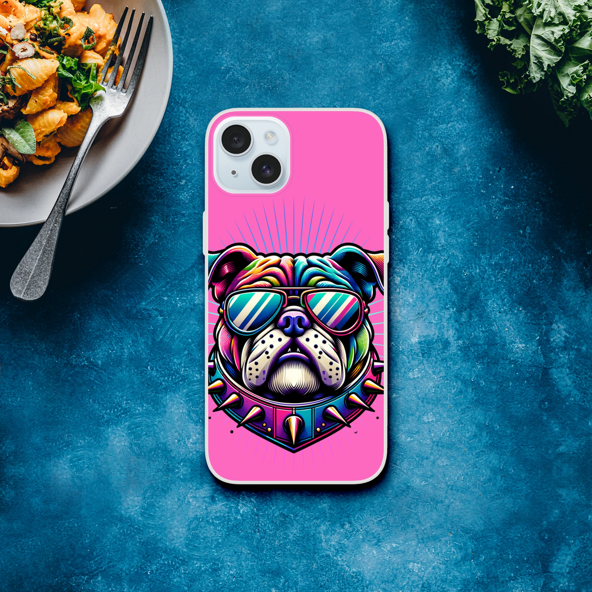 Y2K Bulldog iPhone Case (13-16) Retro Dog Aesthetic: pink, cartoon bulldog with sunglasses on a blue background.