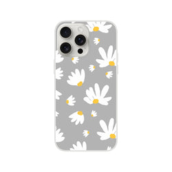 Ditsy Daisy iPhone case (13-16) grey with white daisies and yellow centers, slim matte floral cover