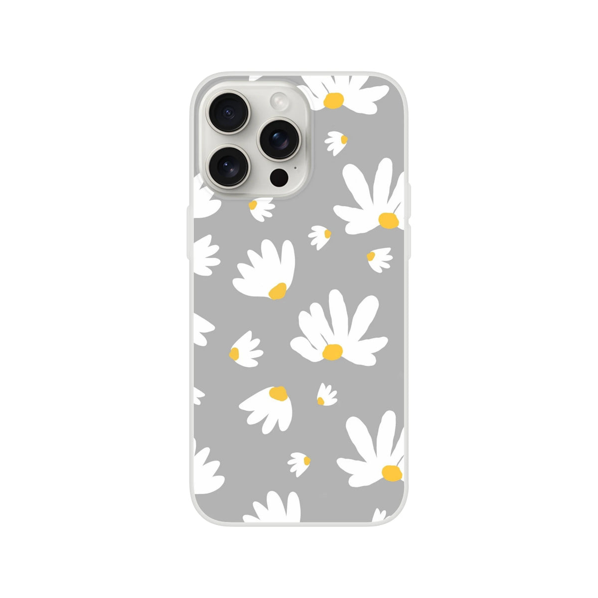Ditsy Daisy iPhone case (13-16) grey with white daisies and yellow centers, slim matte floral cover