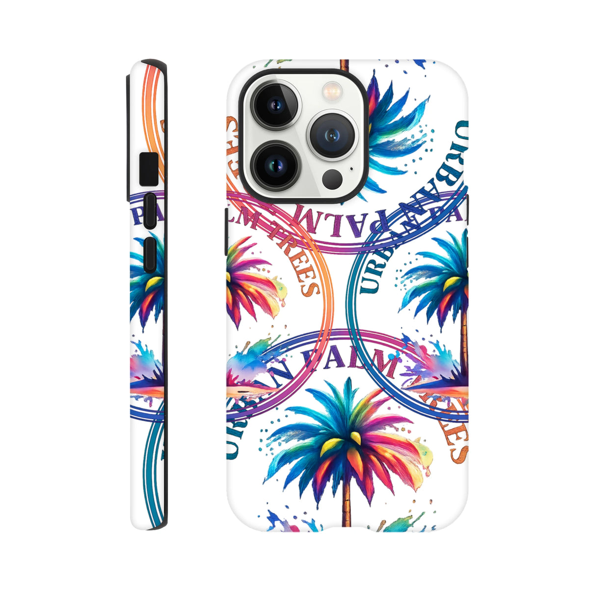 Vibrant tropical palm tree and colorful text wraparound print on a tough iPhone case built for city life and daily carry.