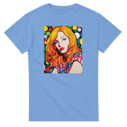 Light blue t-shirt featuring vibrant pop art graphic of a redheaded woman with colorful polka dots, retro streetwear top.