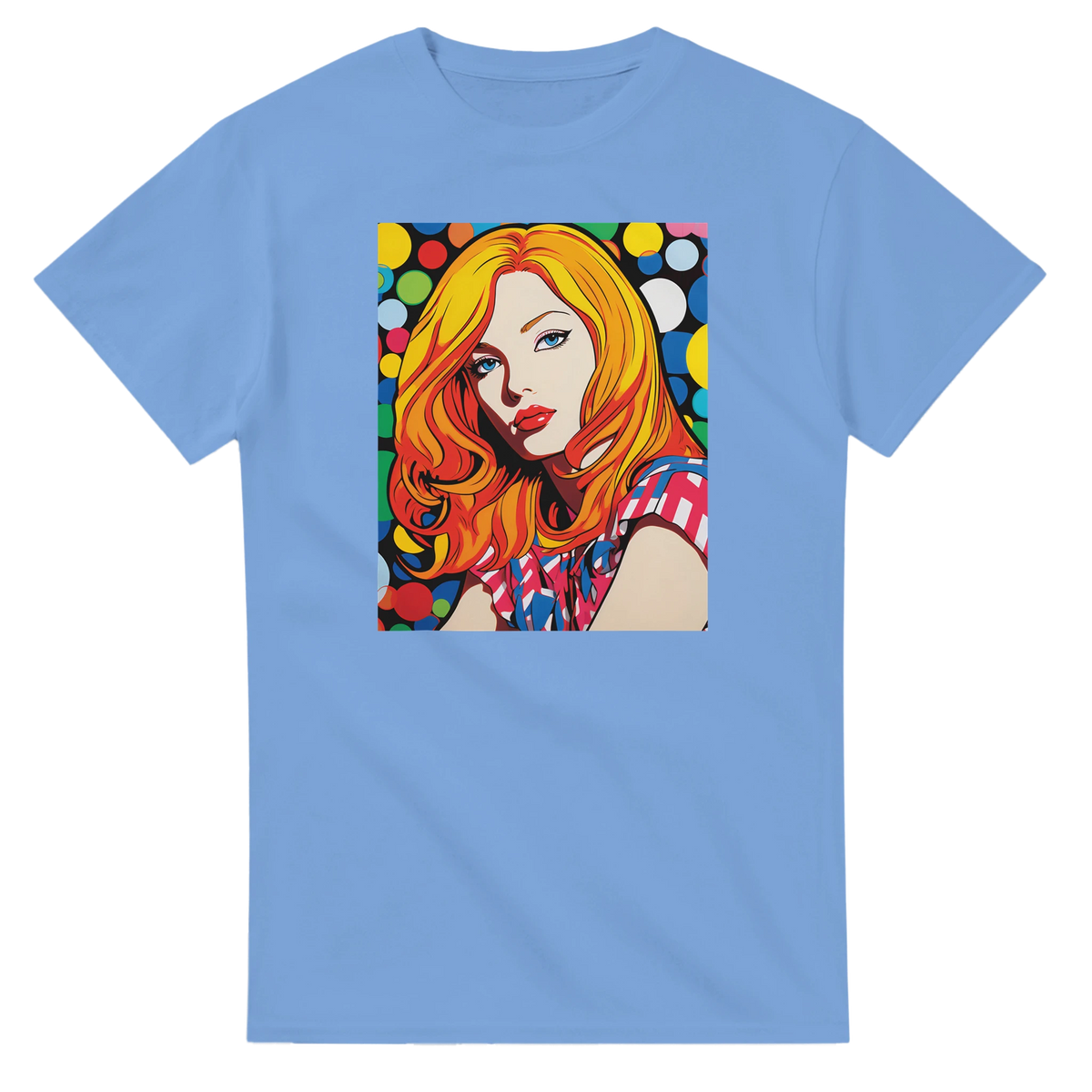Light blue t-shirt featuring vibrant pop art graphic of a redheaded woman with colorful polka dots, retro streetwear top.