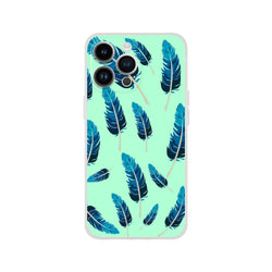 Mint-green iPhone 13-16 case with blue feather pattern and slim matte finish.