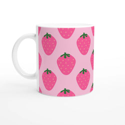Cute pink strawberry mug with kawaii fruit design, green leaf tops and polka-dot pattern