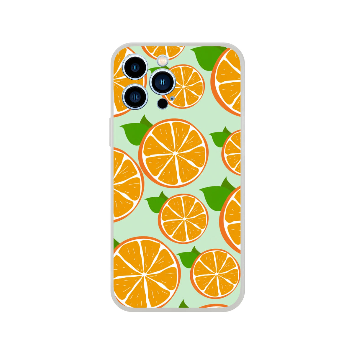 iPhone case with orange slices pattern on mint background and camera cutouts