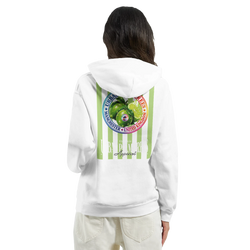White hoodie featuring retro green striped fruit graphic back print with lime illustration and Manchester United Kingdom text for women.