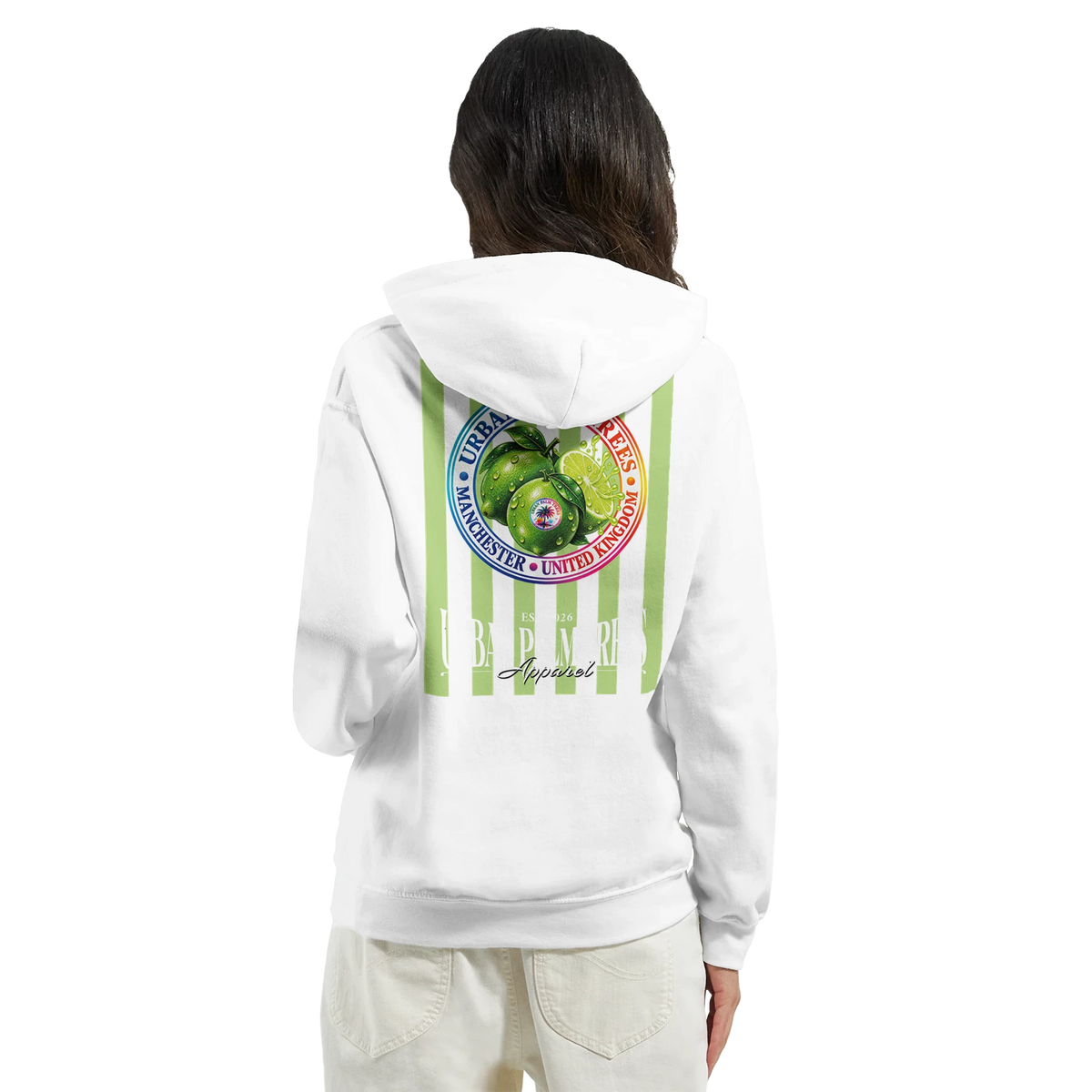 White hoodie featuring retro green striped fruit graphic back print with lime illustration and Manchester United Kingdom text for women.