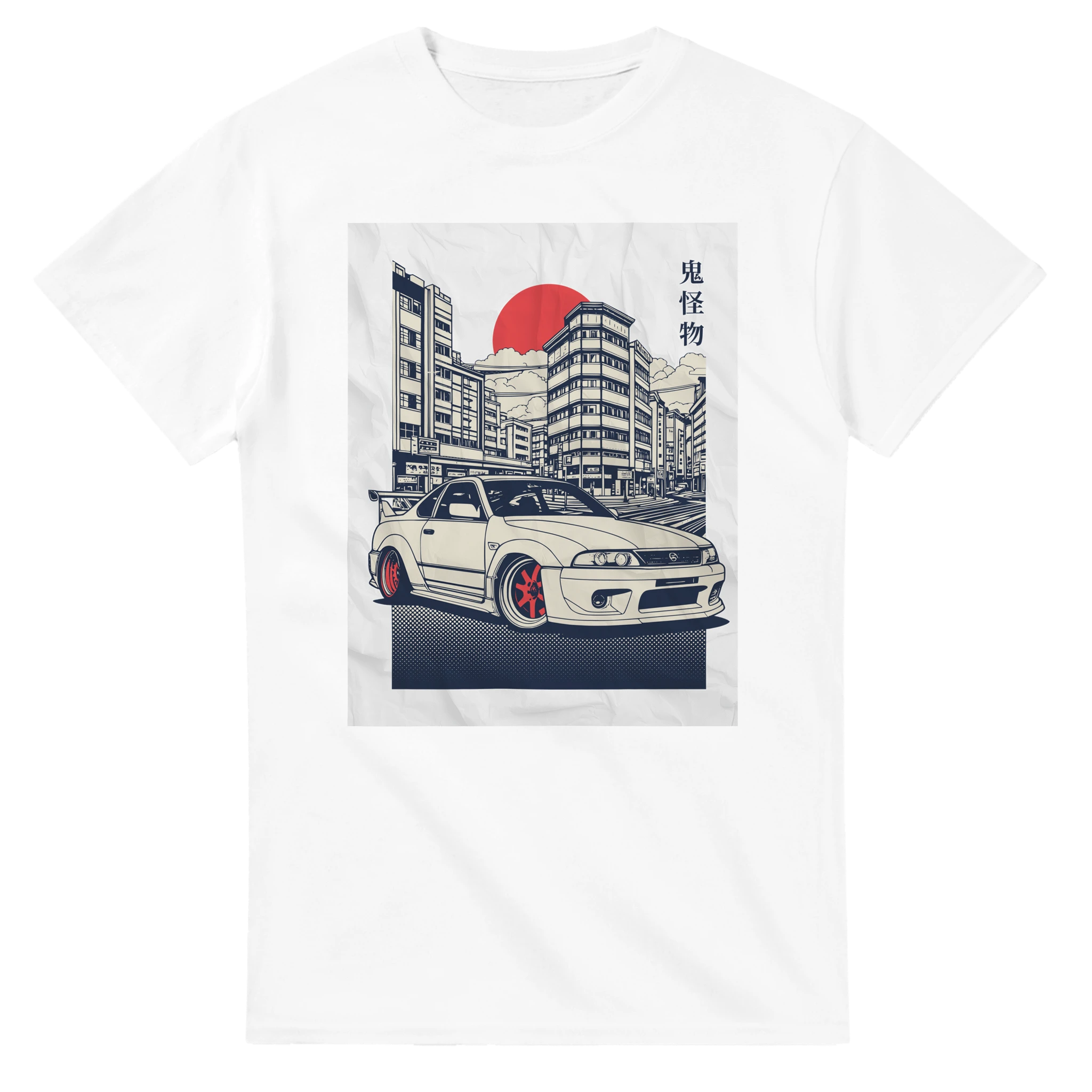 JDM car graphic on white heavyweight cotton T-shirt with cityscape, red sun, and kanji lettering; soft, classic fit