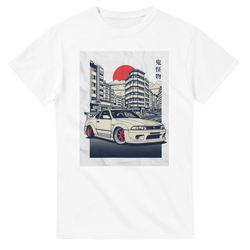 JDM car graphic on white heavyweight cotton T-shirt with cityscape, red sun, and kanji lettering; soft, classic fit