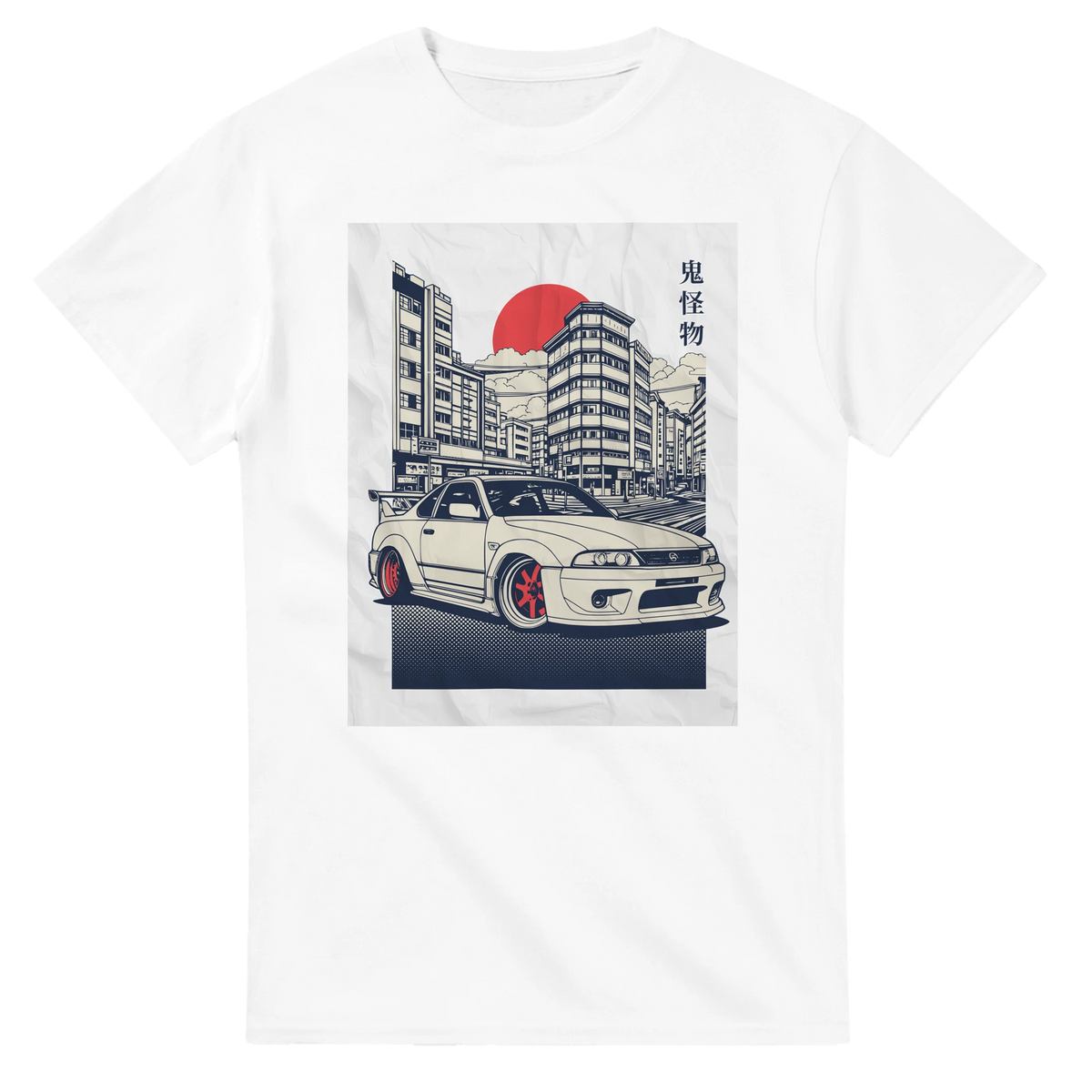 JDM car graphic on white heavyweight cotton T-shirt with cityscape, red sun, and kanji lettering; soft, classic fit