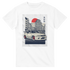 JDM car graphic on white heavyweight cotton T-shirt with cityscape, red sun, and kanji lettering; soft, classic fit