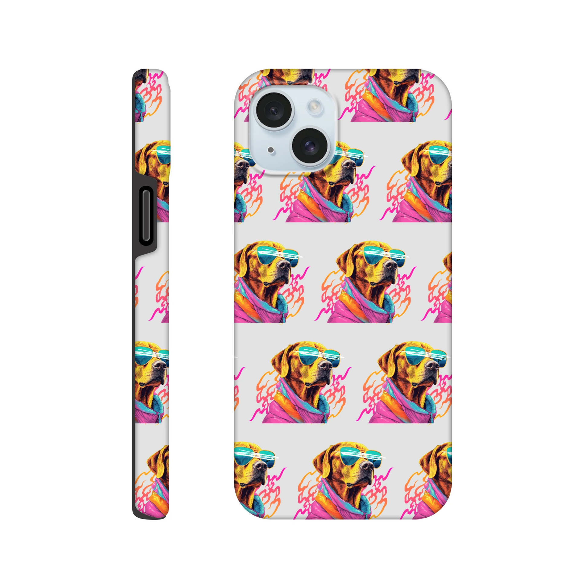 Dual-layer dog-print phone case with sunglasses and scarf, wraparound print for iPhone 16/15/14/13.