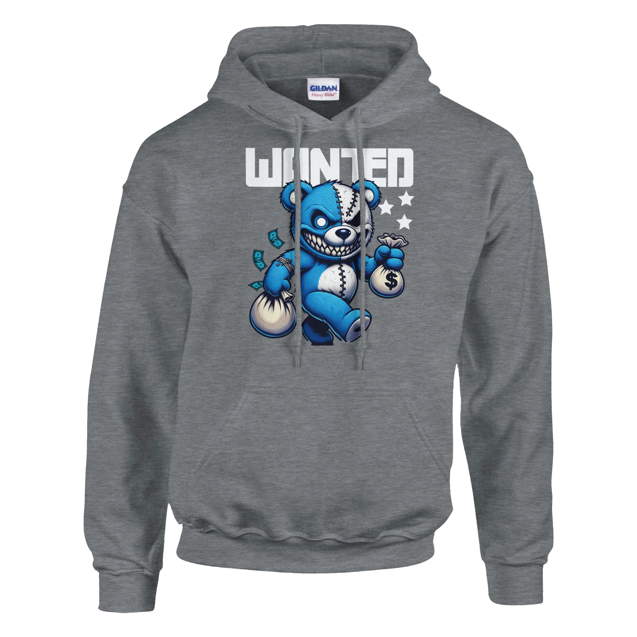 Men's Wanted Teddy Bear Hoodie in gray with blue bear holding money bags graphic on a 50/50 cotton-poly blend.