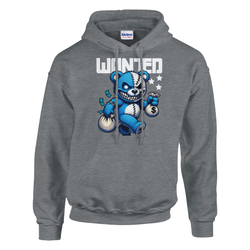 Men's Wanted Teddy Bear Hoodie in gray with blue bear holding money bags graphic on a 50/50 cotton-poly blend.