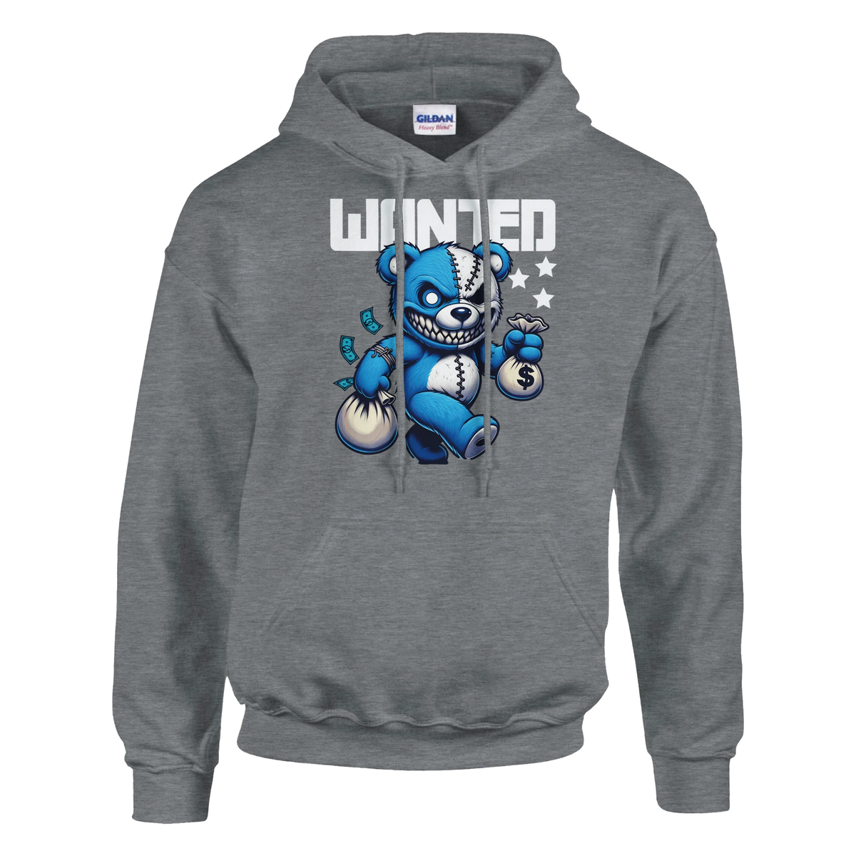 Men's Wanted Teddy Bear Hoodie in gray with blue bear holding money bags graphic on a 50/50 cotton-poly blend.