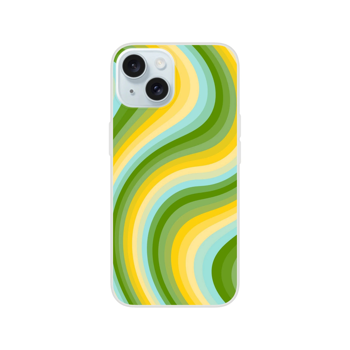 Retro green and yellow wave iPhone case with groovy Y2K swirl for iPhone 13–16, smooth matte finish