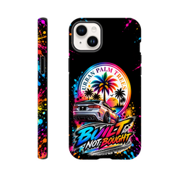 Built Not Bought iPhone case featuring a modified car, Urban Palm Trees sunset graphic, and colorful paint splatter on black.