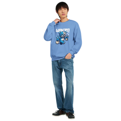Man in blue Wanted Teddy Bear graphic sweatshirt with cartoon bear illustration, 50/50 cotton-poly blend.