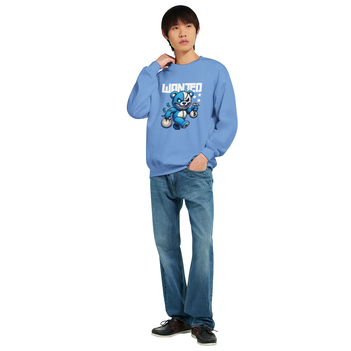 Man in blue Wanted Teddy Bear graphic sweatshirt with cartoon bear illustration, 50/50 cotton-poly blend.