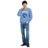 Man in blue Wanted Teddy Bear graphic sweatshirt with cartoon bear illustration, 50/50 cotton-poly blend.