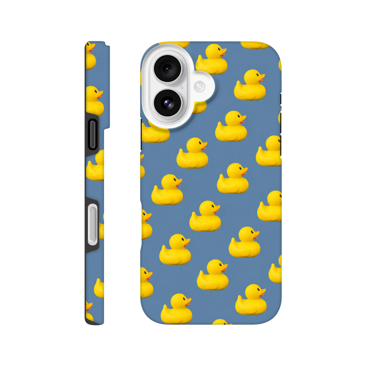Blue phone case featuring a repeating pattern of yellow kawaii rubber ducks, designed as a tough protective cover for iPhone 13-16 models.