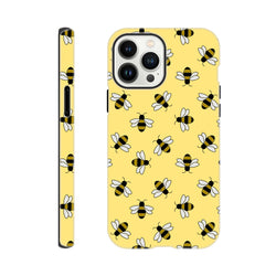 Yellow iPhone case featuring a cute repeating bumble bee pattern with black stripes and white wings on a bright yellow background.