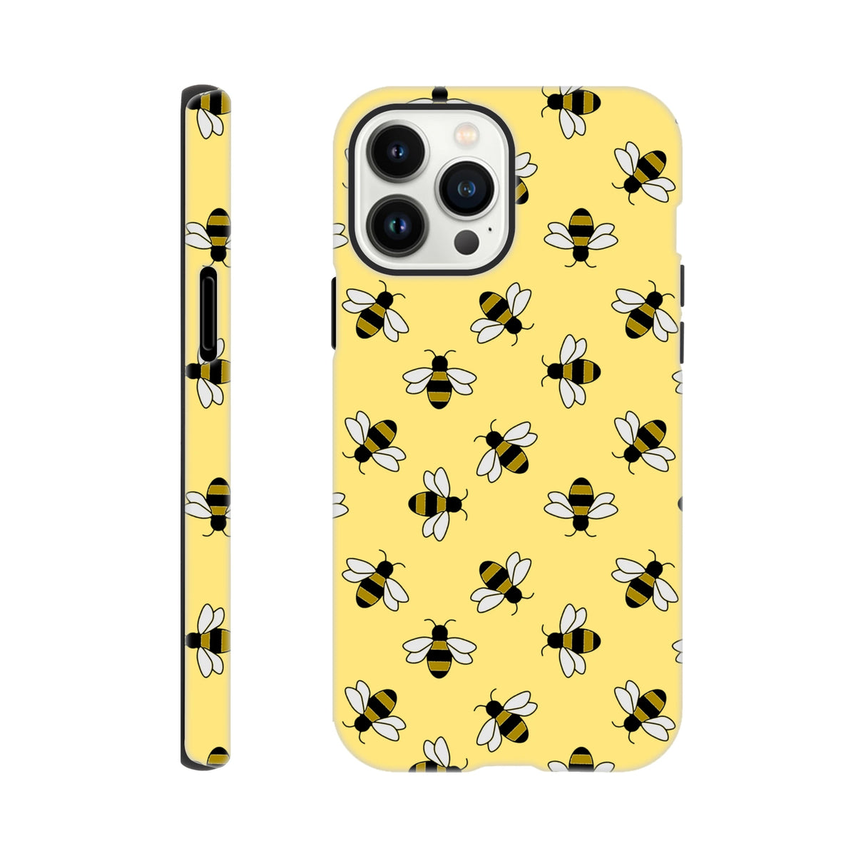 Yellow iPhone case featuring a cute repeating bumble bee pattern with black stripes and white wings on a bright yellow background.