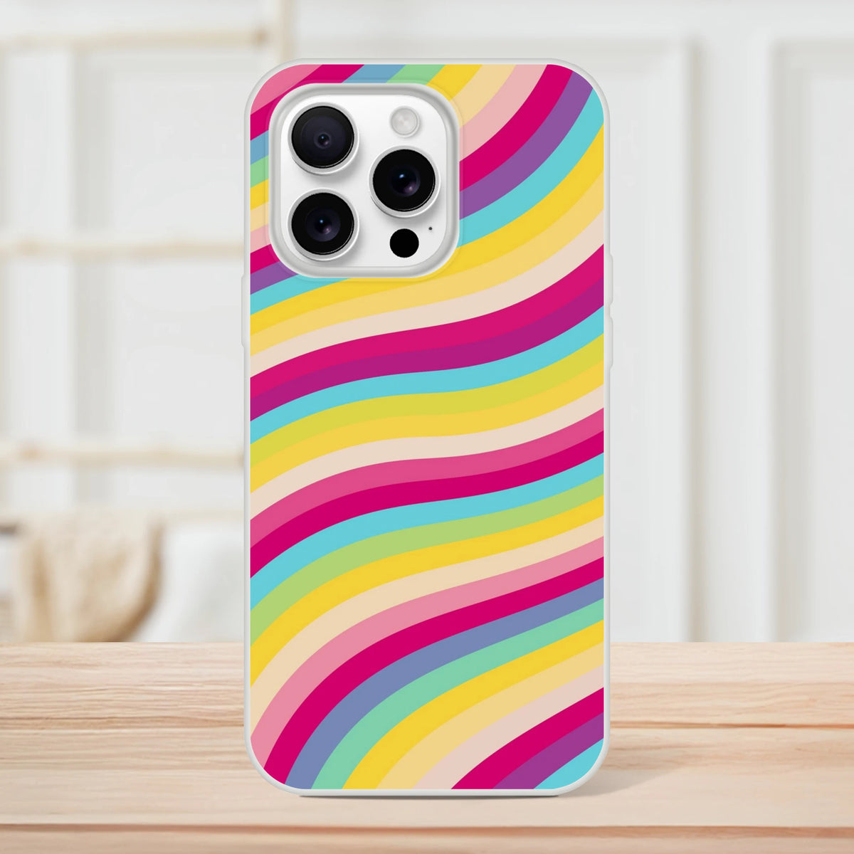 Groovy Rainbow Wave iPhone Case for iPhone 13–16 with slim matte finish and retro Y2K rainbow swirl design.