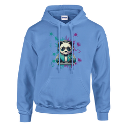 Panda DJ graphic hoodie: panda with headphones at a turntable, blue cotton-blend hoodie with colorful paint splashes.