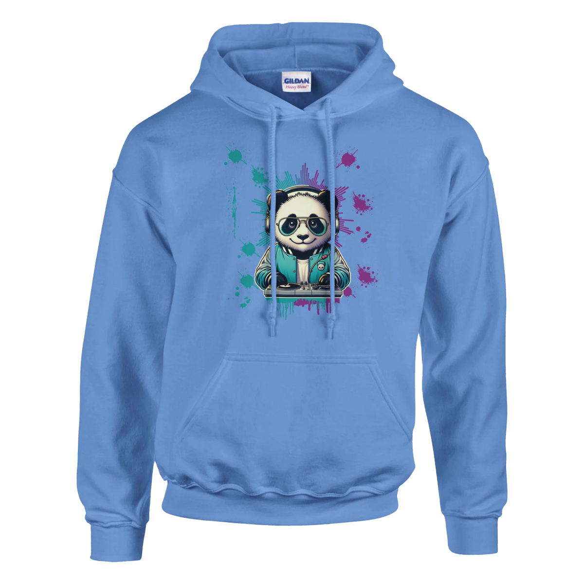 Panda DJ graphic hoodie: panda with headphones at a turntable, blue cotton-blend hoodie with colorful paint splashes.