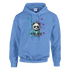Panda DJ graphic hoodie: panda with headphones at a turntable, blue cotton-blend hoodie with colorful paint splashes.