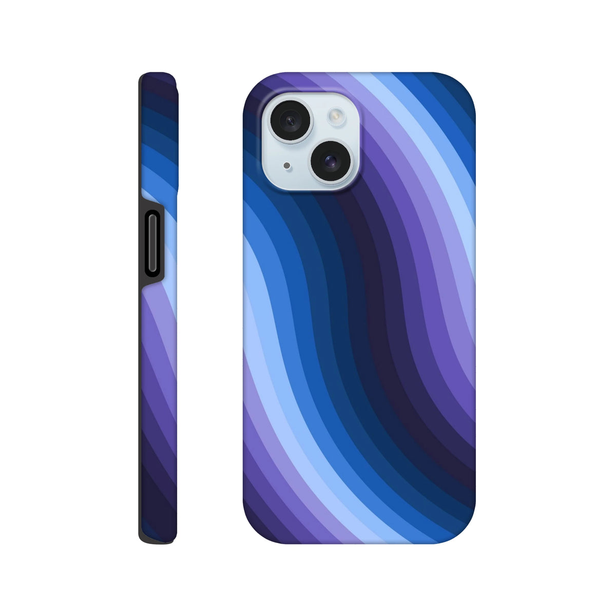 Blue retro wave iPhone case featuring Y2K wavy stripes in purple and blue. Tough protective cover with guard rails forimpact resistance.