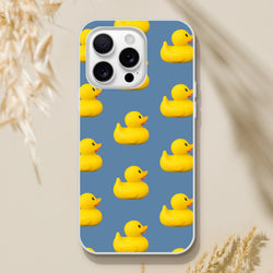 Blue iPhone case (13-16) featuring bold yellow rubber ducks printed on a blue background with a matte finish