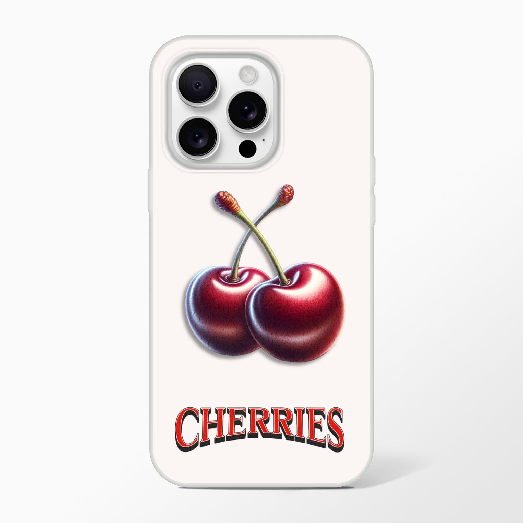 Cherry iPhone case with two cherries and CHERRIES text for iPhone 13-15 Pro.