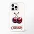 Cherry iPhone case with two cherries and CHERRIES text for iPhone 13-15 Pro.