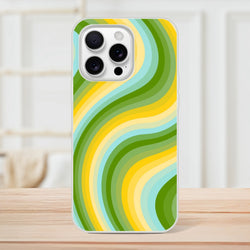 Retro green and yellow wave iPhone case (13-16) with groovy Y2K swirl, slim matte shell and protection.