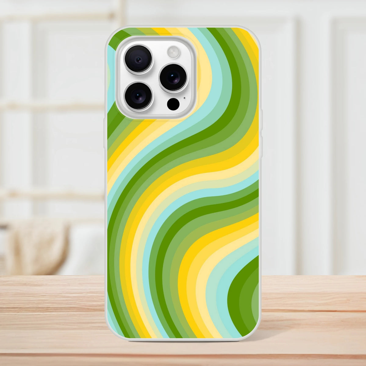 Retro green and yellow wave iPhone case (13-16) with groovy Y2K swirl, slim matte shell and protection.