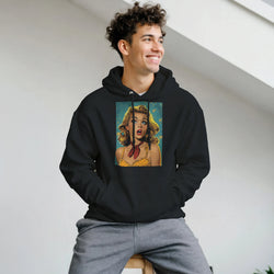 Black men's pullover hoodie featuring a retro pin-up pop art woman graphic with blonde hair and red bandana.
