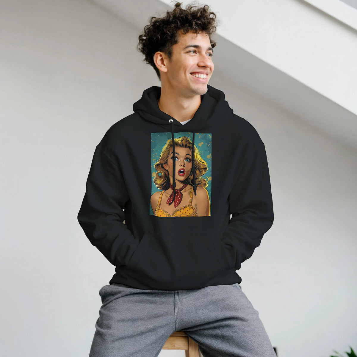 Black men's pullover hoodie featuring a retro pin-up pop art woman graphic with blonde hair and red bandana.