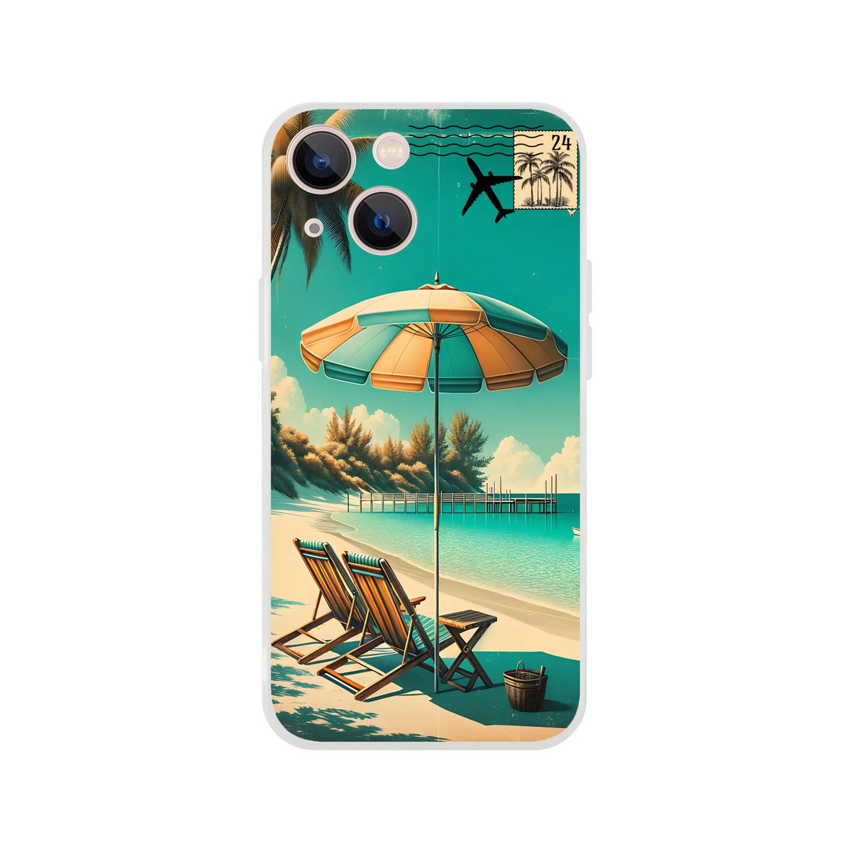 Vintage postcard iPhone case with teal beach scene, palm trees and umbrella for iPhone 13–16; lightweight protection.