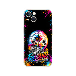 Full Send Petrolhead iPhone Case featuring urban palm trees, tire tracks, and vibrant neon paint splatters on black.