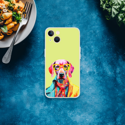 Funny Dog iPhone Case (13-16) lime-green with colorful dog portrait wearing sunglasses.