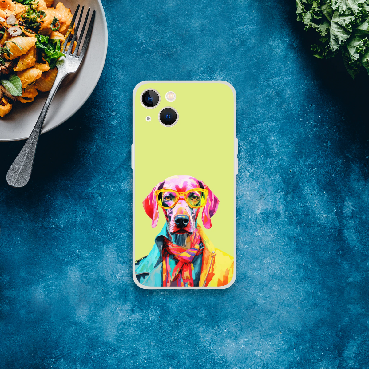 Funny Dog iPhone Case (13-16) lime-green with colorful dog portrait wearing sunglasses.
