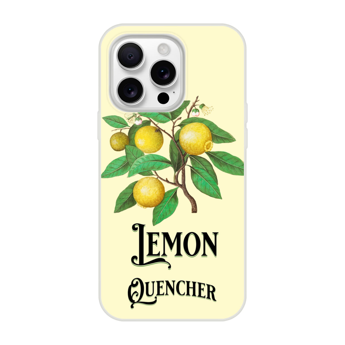 Lemons iPhone case for iPhone 16/15/14/13 with lemon branch illustration and Lemon Quencher typography on pale yellow.