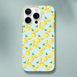 Cute lemon pattern iPhone case featuring fresh yellow fruit and green leaves on a light blue background.