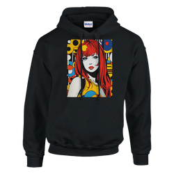 Black pullover hoodie featuring a bold retro pop art graphic of a redheaded woman surrounded by colorful geometric shapes and dots.