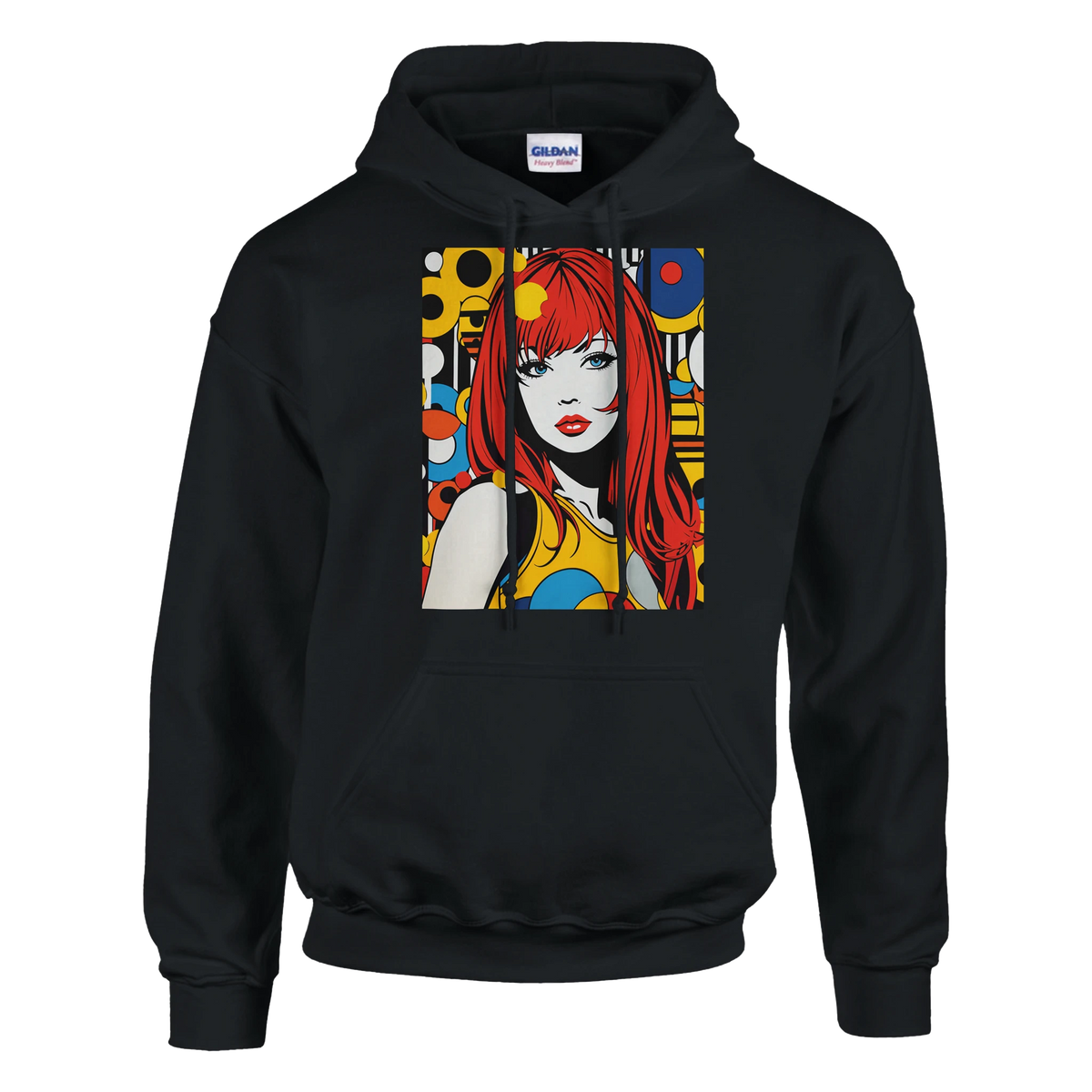 Black pullover hoodie featuring a bold retro pop art graphic of a redheaded woman surrounded by colorful geometric shapes and dots.