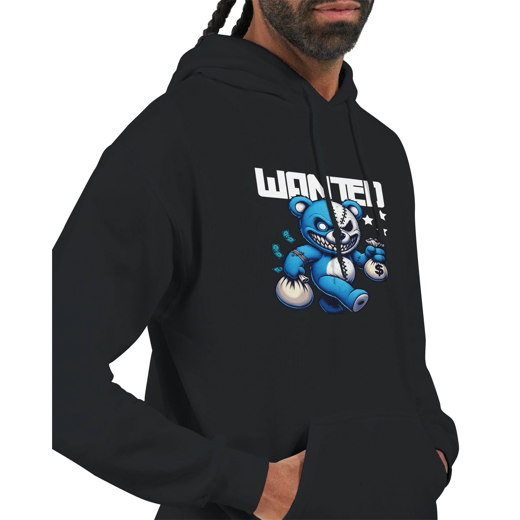 Men's Wanted Teddy Bear Hoodie in black with blue teddy graphic and money bags.